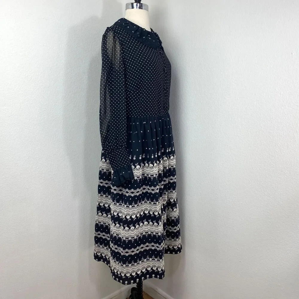 Vtg Black White Embroidered Dress XL Polka Dots Button Front Long Sleeves Boho